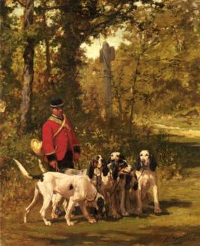 A Huntmaster with his Dogs on a Forest Trail